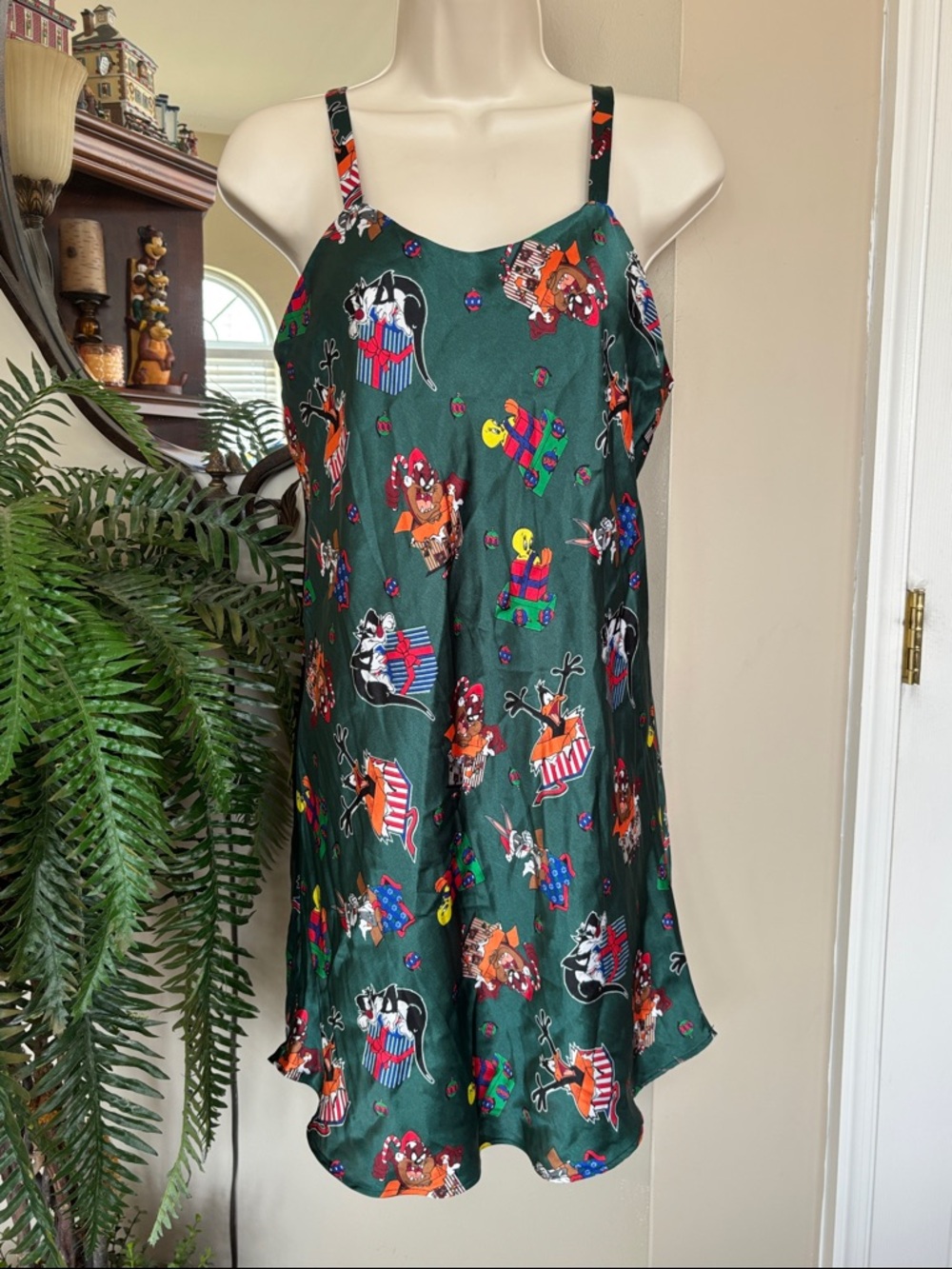 Looney Tunes Satin Green Christmas Cartoon Novelty Print Slip Dress Nightie